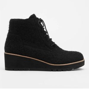 New Eileen Fisher Crew Felted Lace-Up Bootie black wool comfy wedge heel zip 5.5